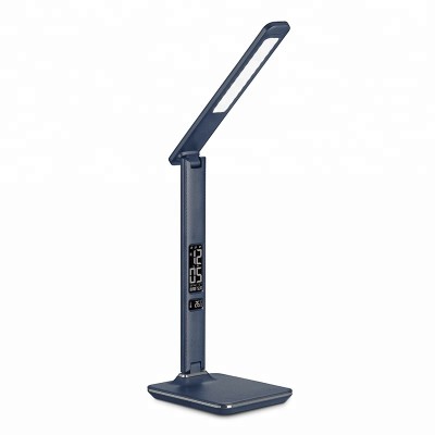 2020 Amazon Modern Imitation leather Foldable LED Desk Lamp with LCD Calendar display alarm clock and USB output